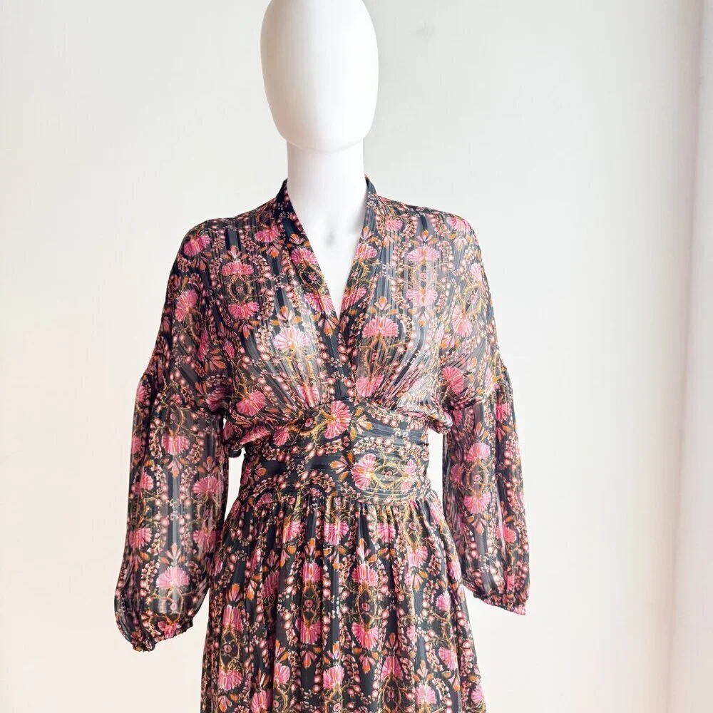 Zara Dark Florals Wrap Long Sleeve Chiffon Maxi Dress S - Picture 2 of 9